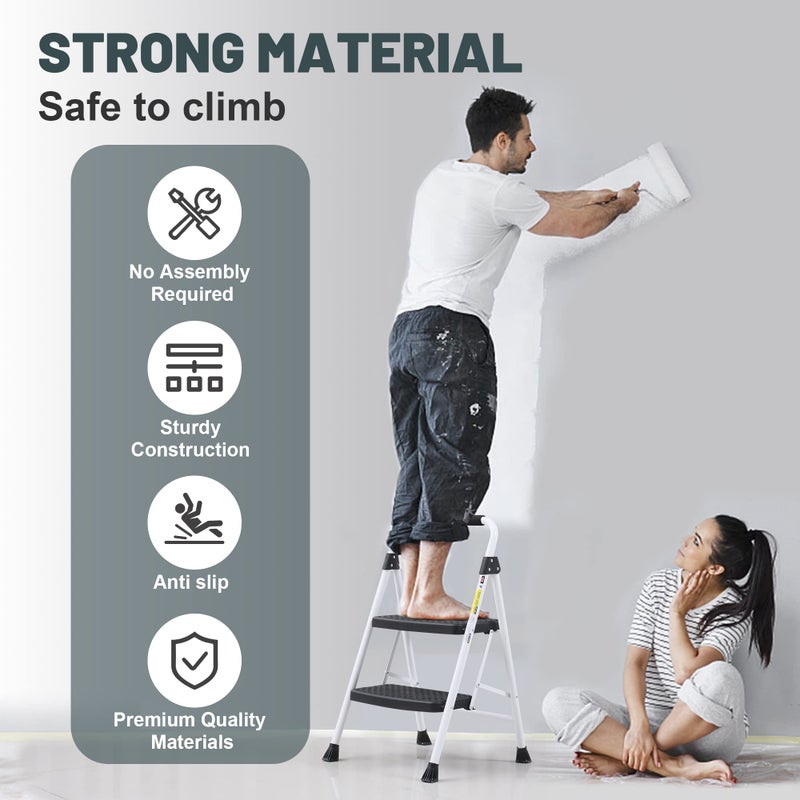 SocTone 2 Step Ladder, Folding Step Stool for Adults with Handle, Lightweight, Perfect for Kitchen& Household, 500lbs Capacity Sturdy Steel Ladder, White - Image 2