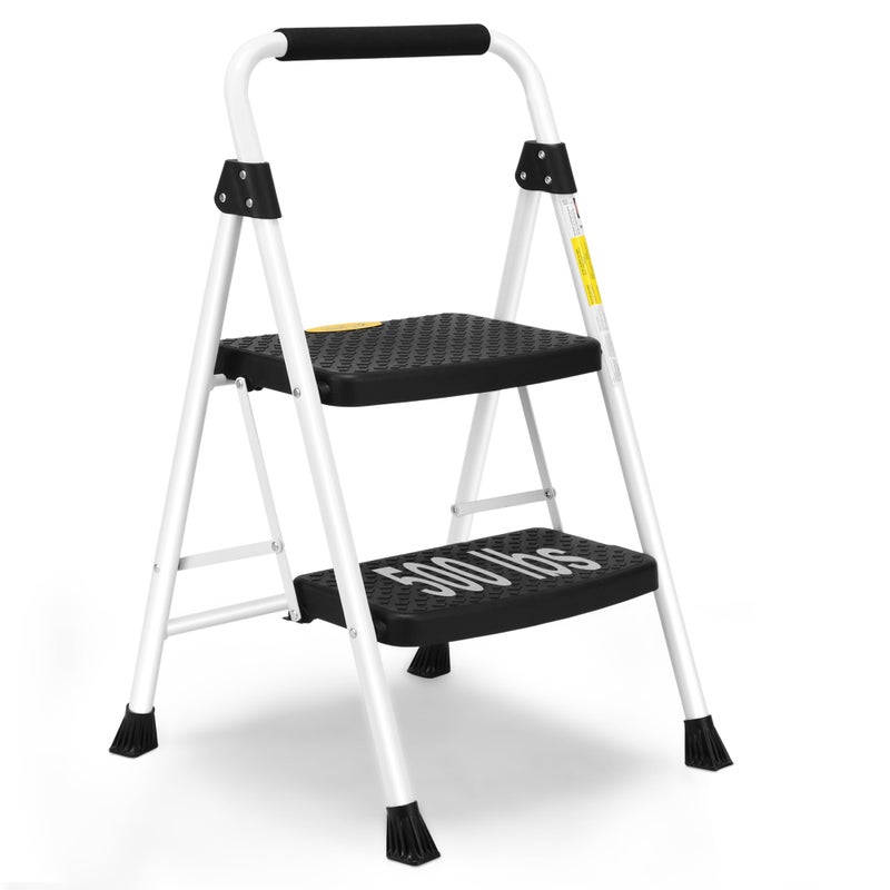 SocTone 2 Step Ladder, Folding Step Stool for Adults with Handle, Lightweight, Perfect for Kitchen& Household, 500lbs Capacity Sturdy Steel Ladder, White - Image 1