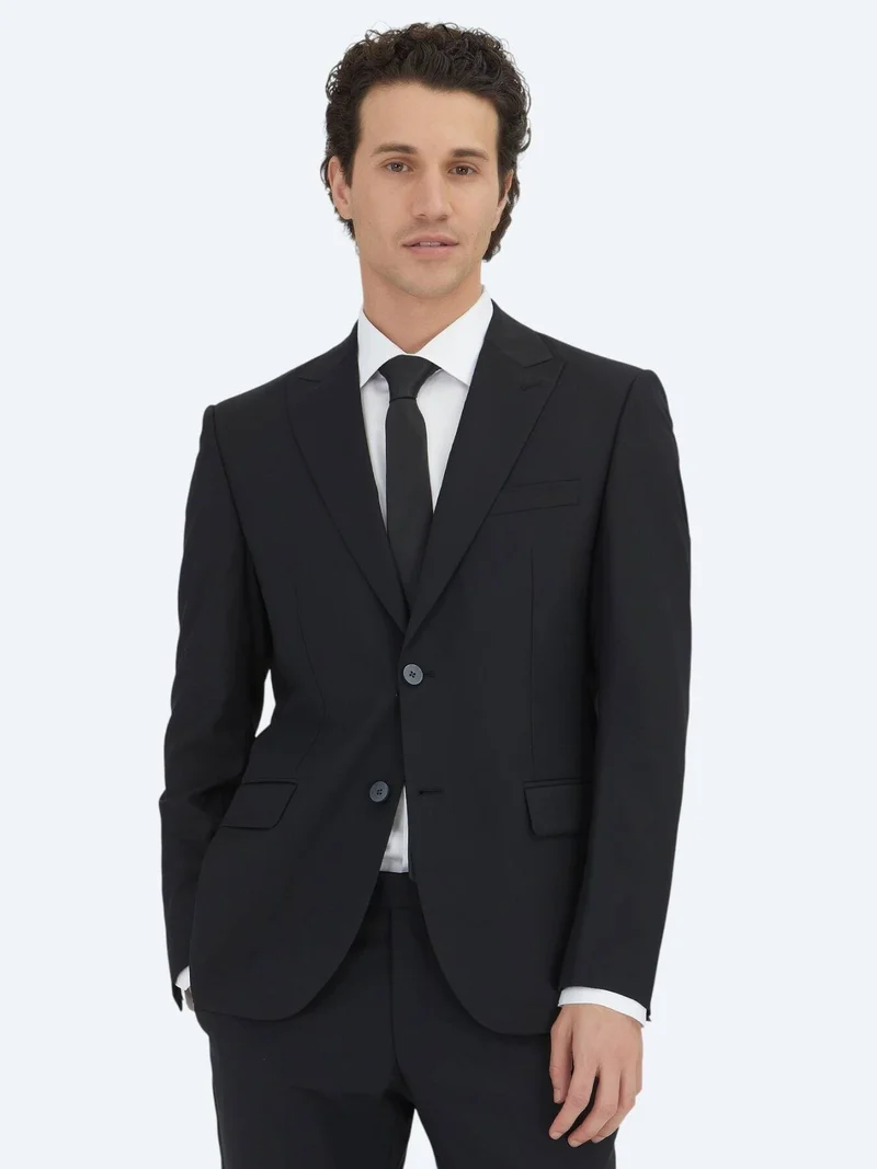 Kip Black Plain Modern Fit Wool Blended Suit