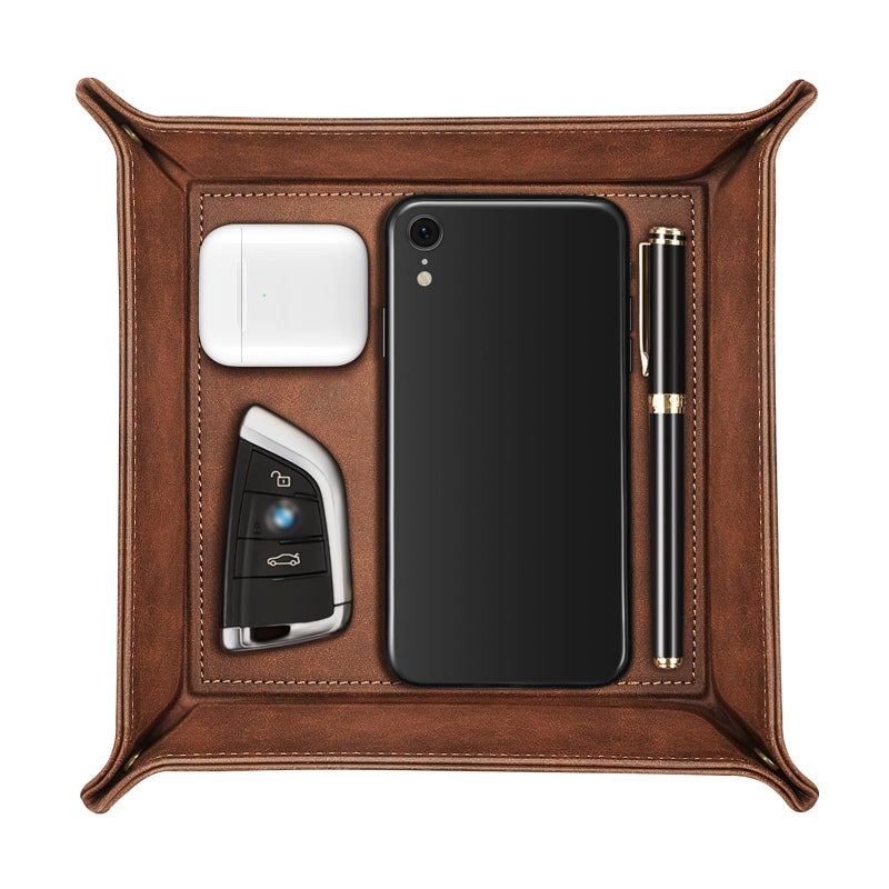 SITHON SITHON Valet Tray Desktop Storage Organizer  Premium PU Leather Catchall Bedside Vanity Tray Nightstand Caddy Holder for Remote Controller Keys Phone Wallet Coin Jewelry Brown