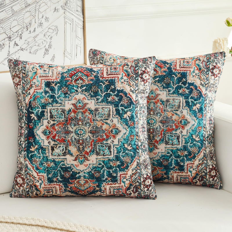 BUAEL Boho Throw Pillow Covers 18x18 inch Set of 2,Boho Vintage Carpet Pattern Antique Ethnic Decor Double Sided Pattern Cushion Cover Soft Pillow Case Living Sofa Room Bed Square Pillow Cover - Image 1