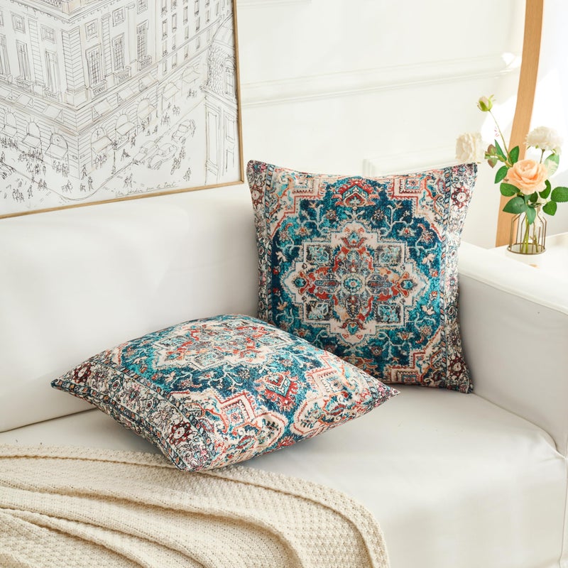 BUAEL Boho Throw Pillow Covers 18x18 inch Set of 2,Boho Vintage Carpet Pattern Antique Ethnic Decor Double Sided Pattern Cushion Cover Soft Pillow Case Living Sofa Room Bed Square Pillow Cover - Image 4