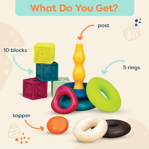 B. toys – Baby Blocks & Stacking – 10 Numbered Blocks & 5 Colorful Rings – Building Play Set for Infants – Educational Toys – One Two Squeeze & Stacking Stones – 6+ Months - Image 3