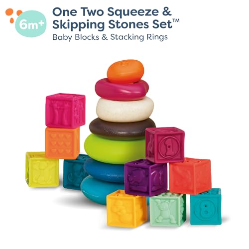 B. toys – Baby Blocks & Stacking – 10 Numbered Blocks & 5 Colorful Rings – Building Play Set for Infants – Educational Toys – One Two Squeeze & Stacking Stones – 6+ Months - Image 4