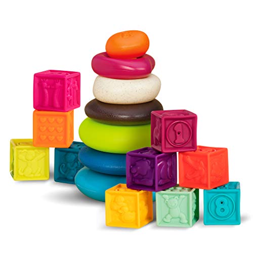 B. toys – Baby Blocks & Stacking – 10 Numbered Blocks & 5 Colorful Rings – Building Play Set for Infants – Educational Toys – One Two Squeeze & Stacking Stones – 6+ Months - Image 1
