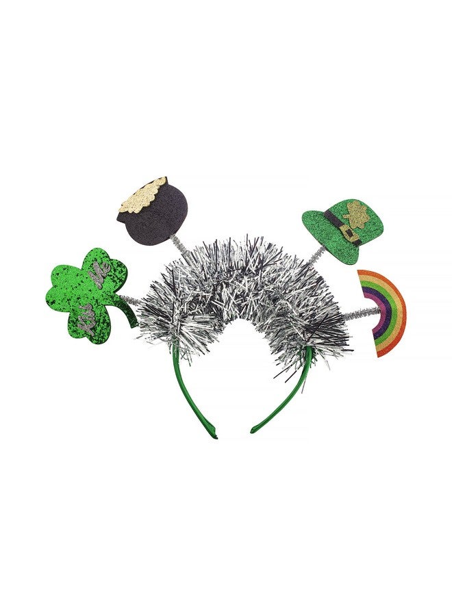 Lux Accessories Green Clovers Hat Pot Of Gold And Rainbow Silver Tinsel St Patty’S Day Inspired Bopper Headband - Image 1