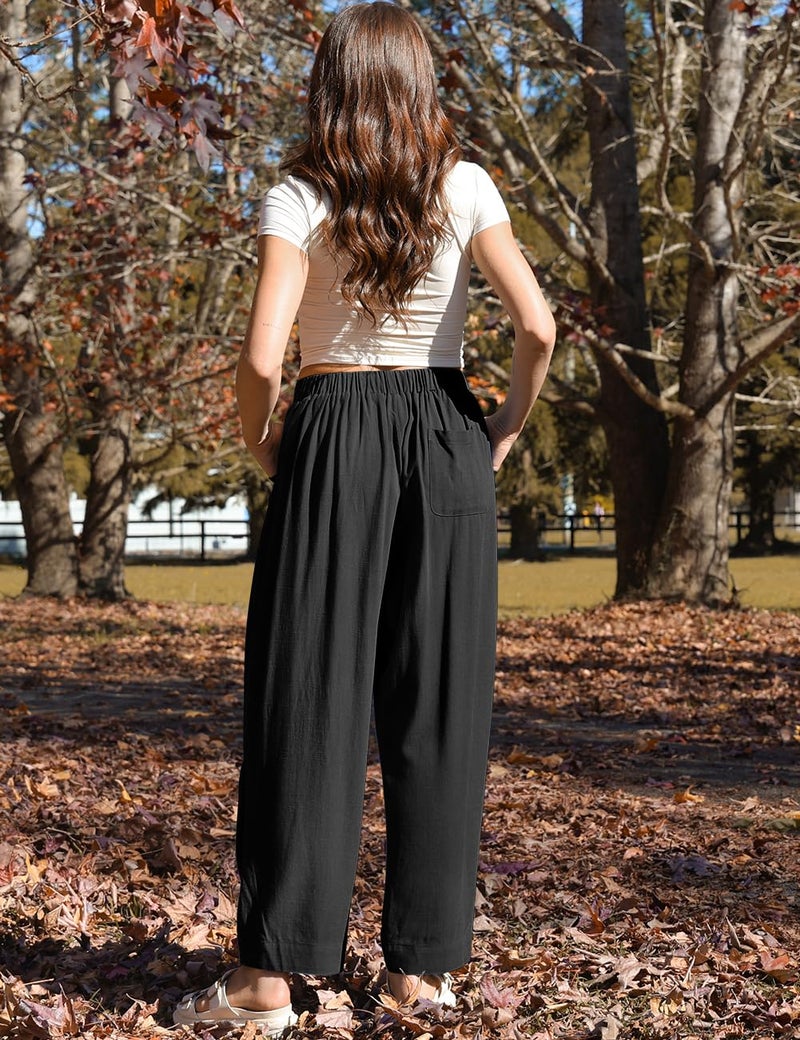 TARSE Women Linen Pants Summer Boho Wide Leg Drawstring with Pockets, Black, L - Image 3