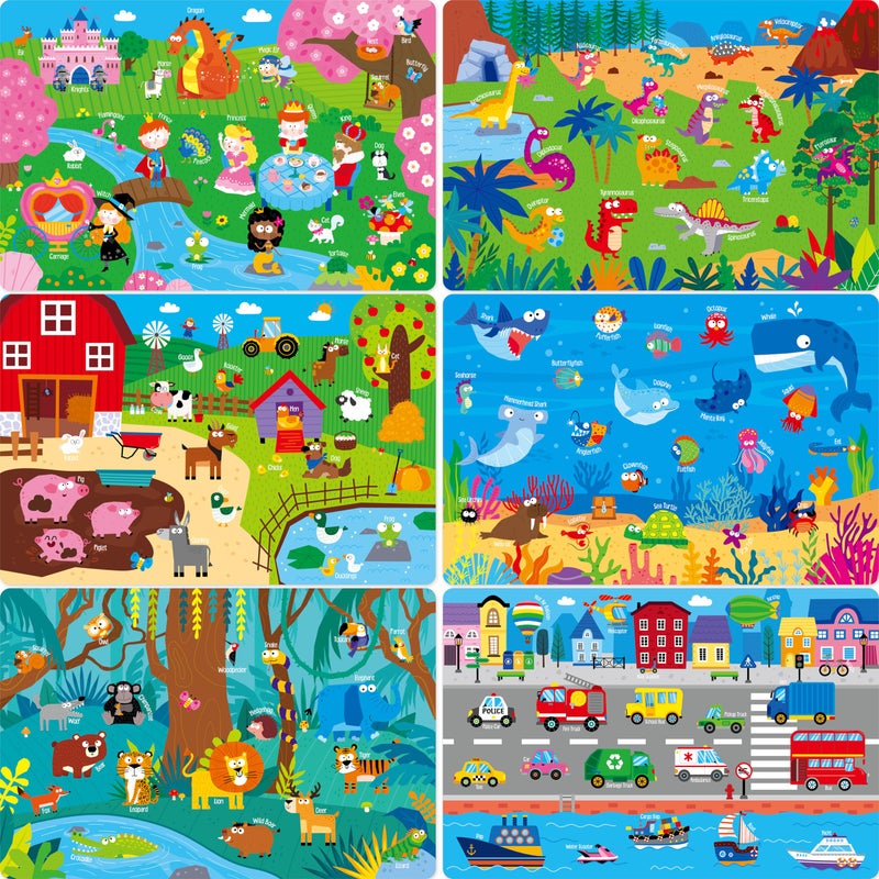 SpriteGru 6 Pack Placemats for Kids, Non-Slip Washable Dining Mats, Reusable Jungle, Underwater World, Farm, Dinosaur, Vehicle & Magic World Table Mats for Home, Kindergarten, Classroom, Nursery - Image 1