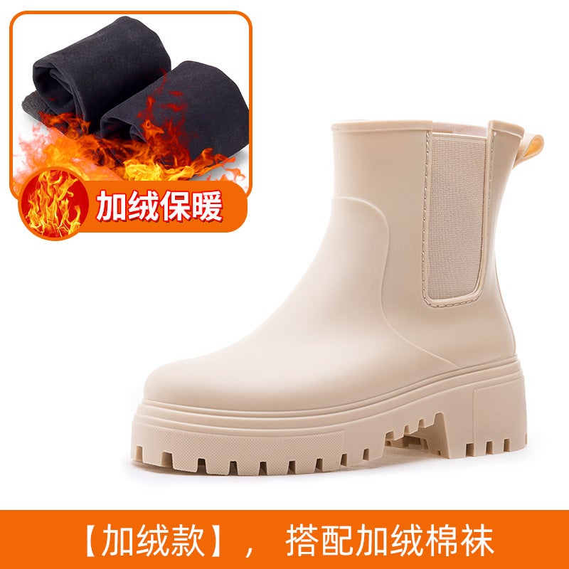 2024 Stylish Versatile Womens Waterproof Rain Boots with Thick Sole and Warm Lining for All Seasons apricot [socks]] 