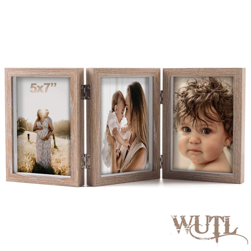 WUTL 5x7 Triple Hinged Picture Frames Shadow Box MDF Wood Grain with Real Glass 3 Vertical Opening Family Lover Gift 