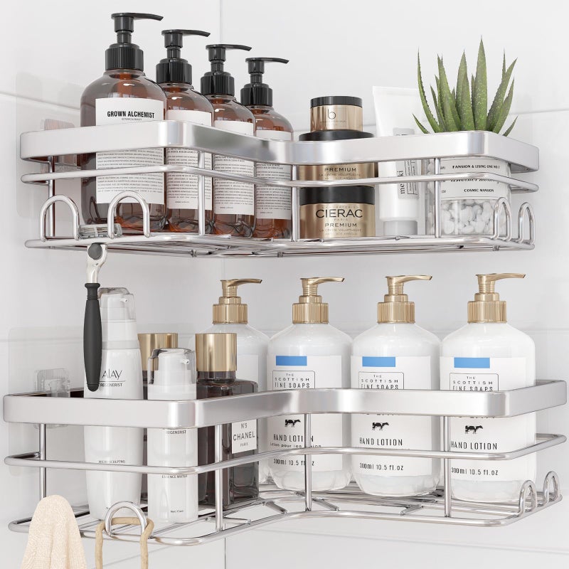 Sakugi Corner Shower Caddy - 2 حزمة لاصق منظمي دش دش مقاوم للصدأ رفوف دش من الفولاذ المقاوم للصدأ مع 8 خطافات لا منظمي الحمام الحفر ورفوف التخزين لتوفير فضاء كبير - Image 1