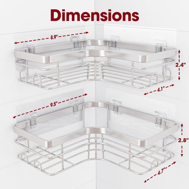 Sakugi Corner Shower Caddy - 2 حزمة لاصق منظمي دش دش مقاوم للصدأ رفوف دش من الفولاذ المقاوم للصدأ مع 8 خطافات لا منظمي الحمام الحفر ورفوف التخزين لتوفير فضاء كبير - Image 2