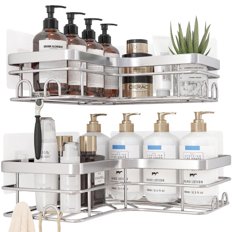 Sakugi Corner Shower Caddy - 2 حزمة لاصق منظمي دش دش مقاوم للصدأ رفوف دش من الفولاذ المقاوم للصدأ مع 8 خطافات لا منظمي الحمام الحفر ورفوف التخزين لتوفير فضاء كبير - Image 3