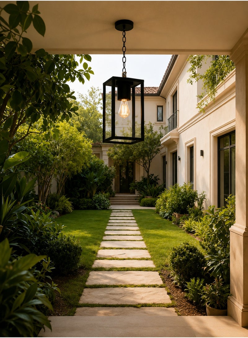 Vmax Outdoor Hanging Pendant Garden Light, E27 Bulb Holder, IP65 Waterproof Black Aluminum Glass Lantern Ceiling Lamp, 120x120x246mm + 500mm Chain For Balcony Porch Courtyard Entryway - Image 1