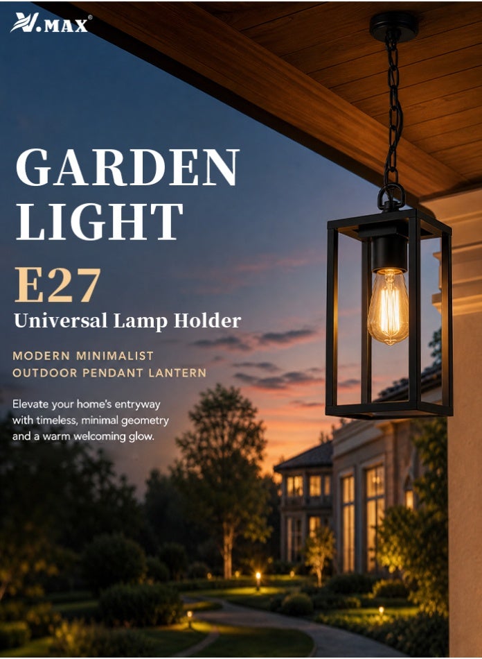 Vmax Outdoor Hanging Pendant Garden Light, E27 Bulb Holder, IP65 Waterproof Black Aluminum Glass Lantern Ceiling Lamp, 120x120x246mm + 500mm Chain For Balcony Porch Courtyard Entryway - Image 3