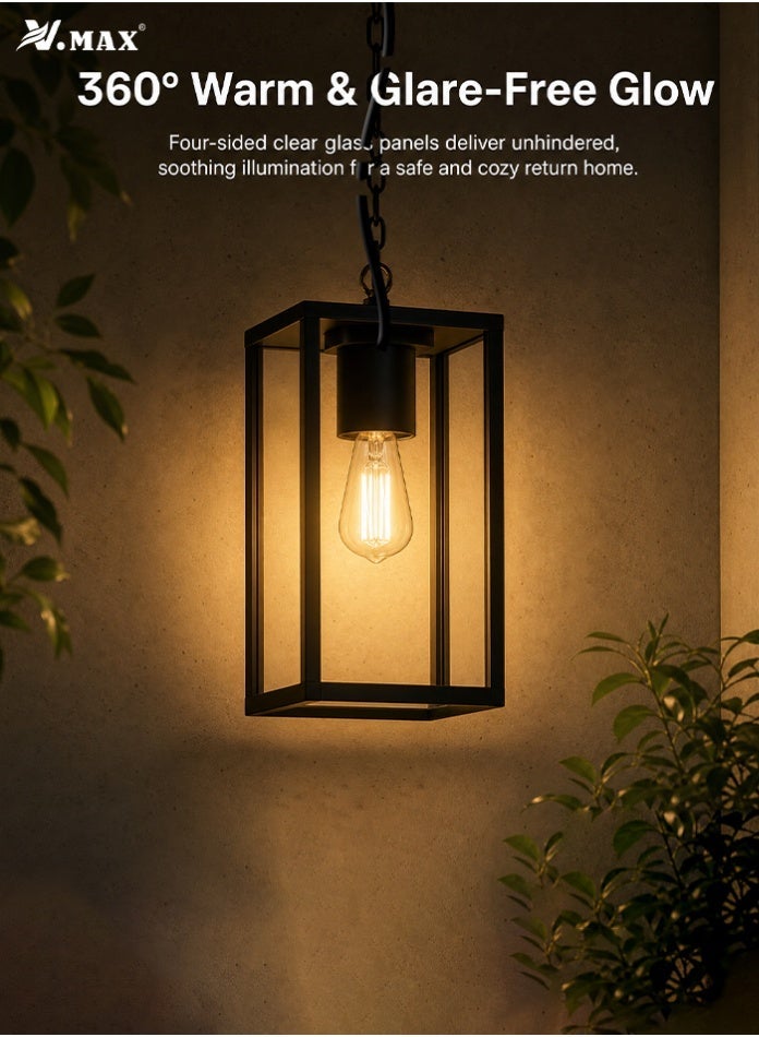Vmax Outdoor Hanging Pendant Garden Light, E27 Bulb Holder, IP65 Waterproof Black Aluminum Glass Lantern Ceiling Lamp, 120x120x246mm + 500mm Chain For Balcony Porch Courtyard Entryway - Image 5