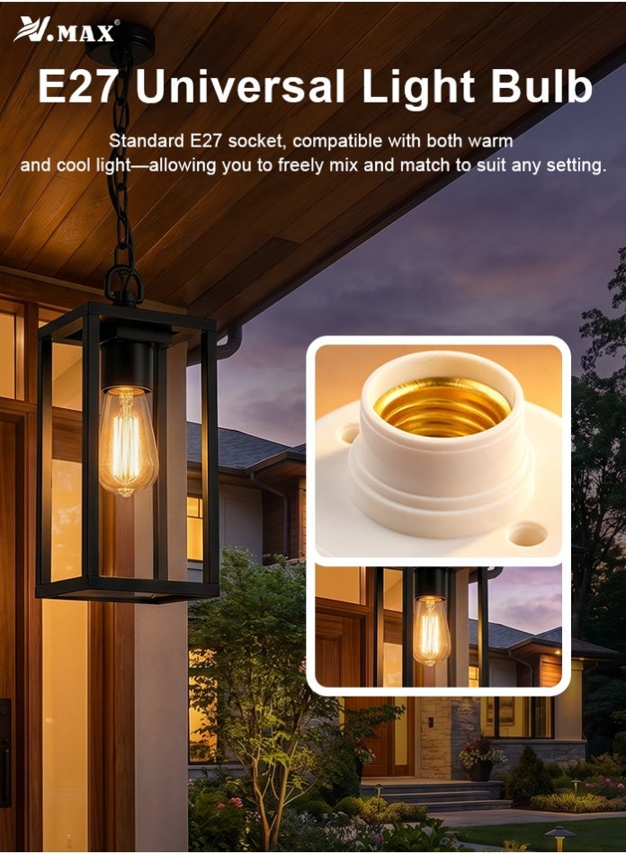 Vmax Outdoor Hanging Pendant Garden Light, E27 Bulb Holder, IP65 Waterproof Black Aluminum Glass Lantern Ceiling Lamp, 120x120x246mm + 500mm Chain For Balcony Porch Courtyard Entryway - Image 4
