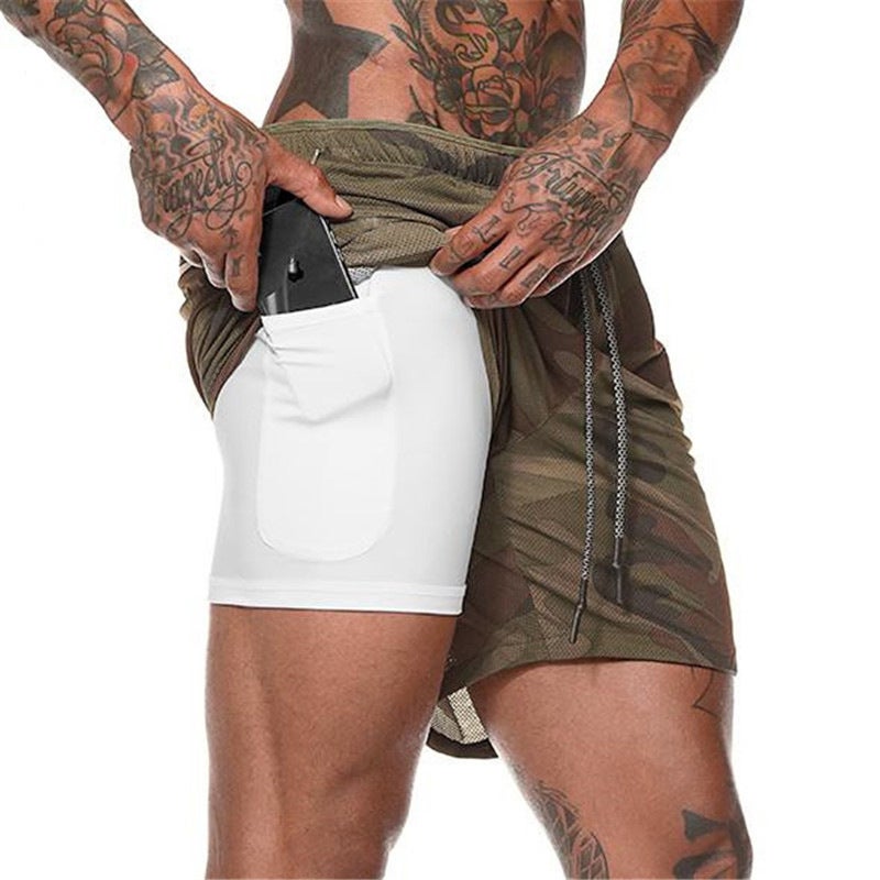 Mens Double-Layer Quick-Dry Running Shorts deep camouflage  - Image 1