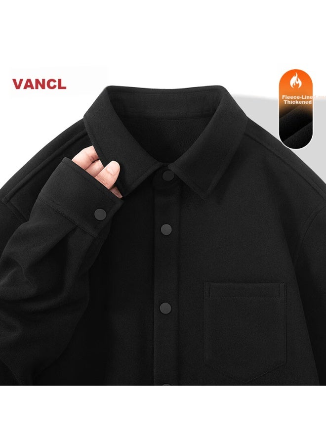 Vancl Men's Winter Fleece Lined Flannel Shirt, Thickened Basic Long Sleeve Shirt With Turn-down Collar, Black, Size L - Image 1
