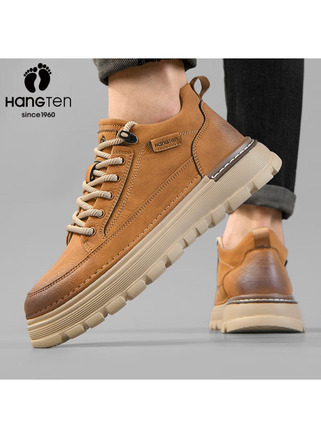 Hang Ten Men's Work Shoes Autumn Winter New Retro Low-top Outdoor Casual Leather Shoes Thick-soled Height-increasing Men's Sneakers - Image 4