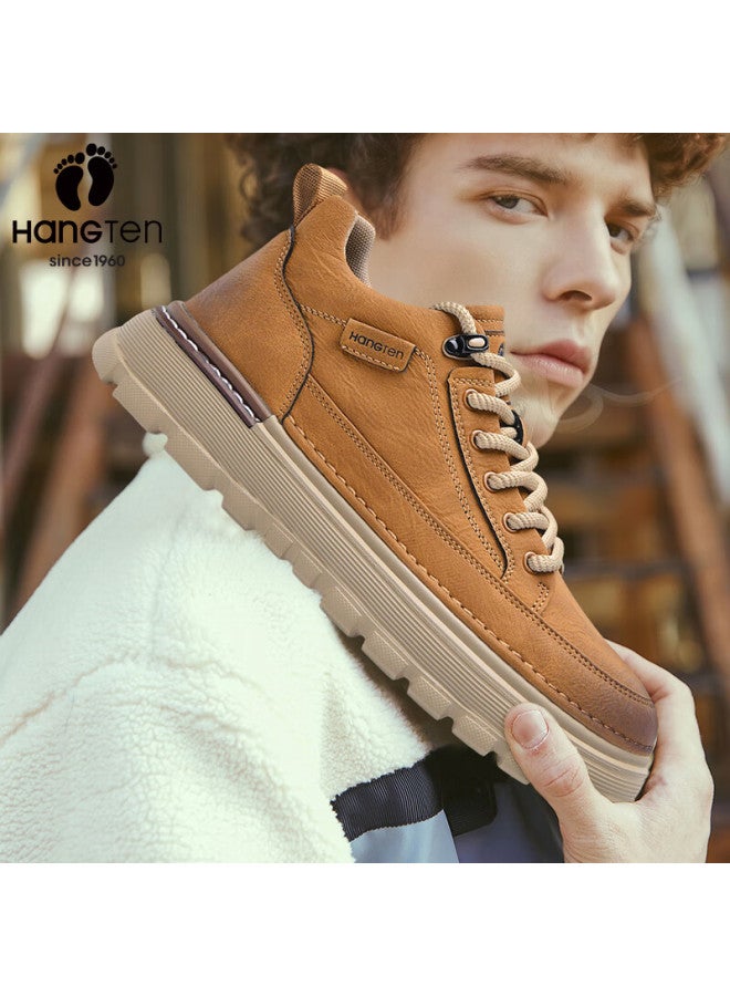 Hang Ten Men's Work Shoes Autumn Winter New Retro Low-top Outdoor Casual Leather Shoes Thick-soled Height-increasing Men's Sneakers - Image 1