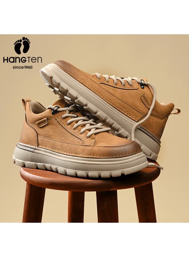 Hang Ten Men's Work Shoes Autumn Winter New Retro Low-top Outdoor Casual Leather Shoes Thick-soled Height-increasing Men's Sneakers - Image 3