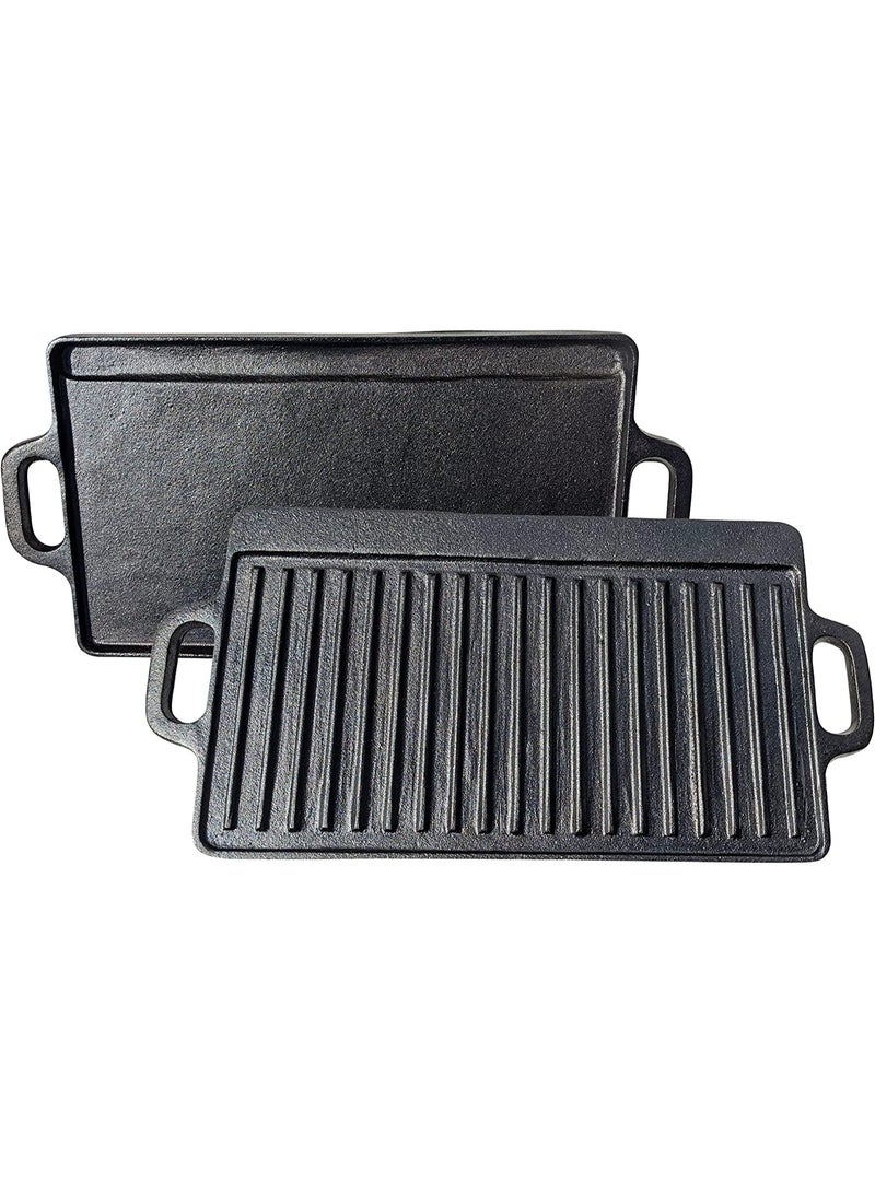 RATSAW Black Rock Grill Cast Iron Griddle Reversible Grill Pan BBQ Plate 46cm x 23cm - Image 1