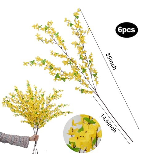 HO2NLE 6Pcs Artificial Forsythia Branches 35" Yellow Long Stem Artificial Flowers for Tall Vase Fake Silk Flowers Forsythia Stems for Home Table Centerpiece Kitchen Decorations - Image 3