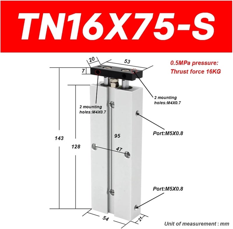 TN16X20S Double Rod Cylinder TN Double Acting bore 16mm Stroke 10-200 Cylinder with Magnet TN16X10S TDA16X20S TN16X50S (Color : TN16X75-S) - Image 2