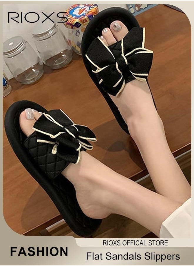 RIOXS Women's Slippers, Fashion Flat Slippers with Bowknot, Open-toe Beach Sandals, Classic Plain Sliders Sandals, Soft Comfortable Sandals, Ladies Non-Slip Slippers, Indoor Outdoor Home Shoes, Lighweight Flats For Women Strolling Walking  - Image 1