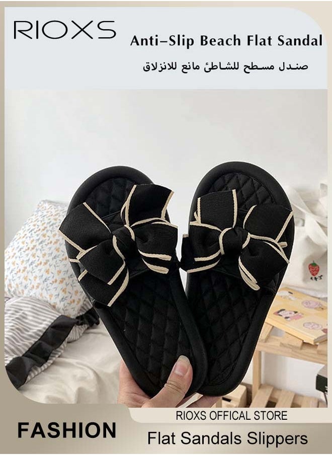 RIOXS Women's Slippers, Fashion Flat Slippers with Bowknot, Open-toe Beach Sandals, Classic Plain Sliders Sandals, Soft Comfortable Sandals, Ladies Non-Slip Slippers, Indoor Outdoor Home Shoes, Lighweight Flats For Women Strolling Walking  - Image 5