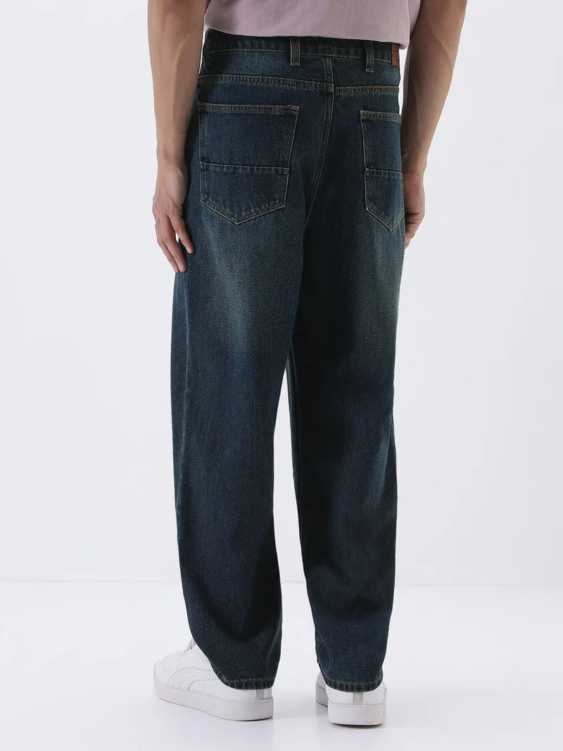 Urbano Fashion  Urbano Fashion Men's Dark Blue Loose Baggy Fit Heavy Washed Jeans Non-Stretchable  | Best Price UAE