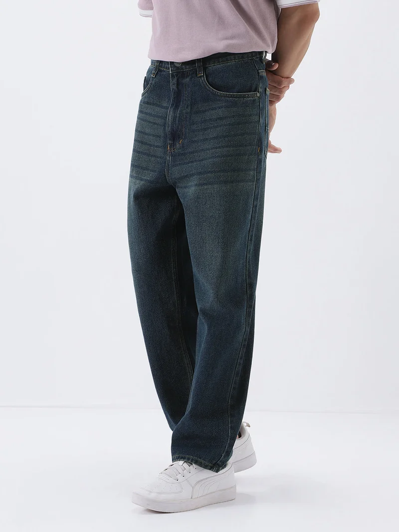 Urbano Fashion  Urbano Fashion Men's Dark Blue Loose Baggy Fit Heavy Washed Jeans Non-Stretchable  | Best Price UAE