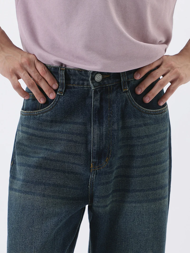 Urbano Fashion  Urbano Fashion Men's Dark Blue Loose Baggy Fit Heavy Washed Jeans Non-Stretchable  | Best Price UAE