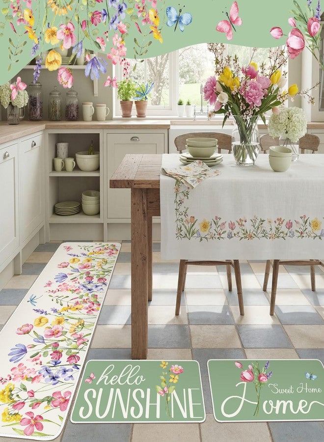 Dunzy 3 Pcs Spring Floral Kitchen Rugs and Mats Set Green Flower Kitchen Floor Mats Seasonal Decor Garden Butterfly Sweet Home Hello Sunshine Anti Slip Bathroom Rug for Spring Summer Indoor Decoration - Image 4
