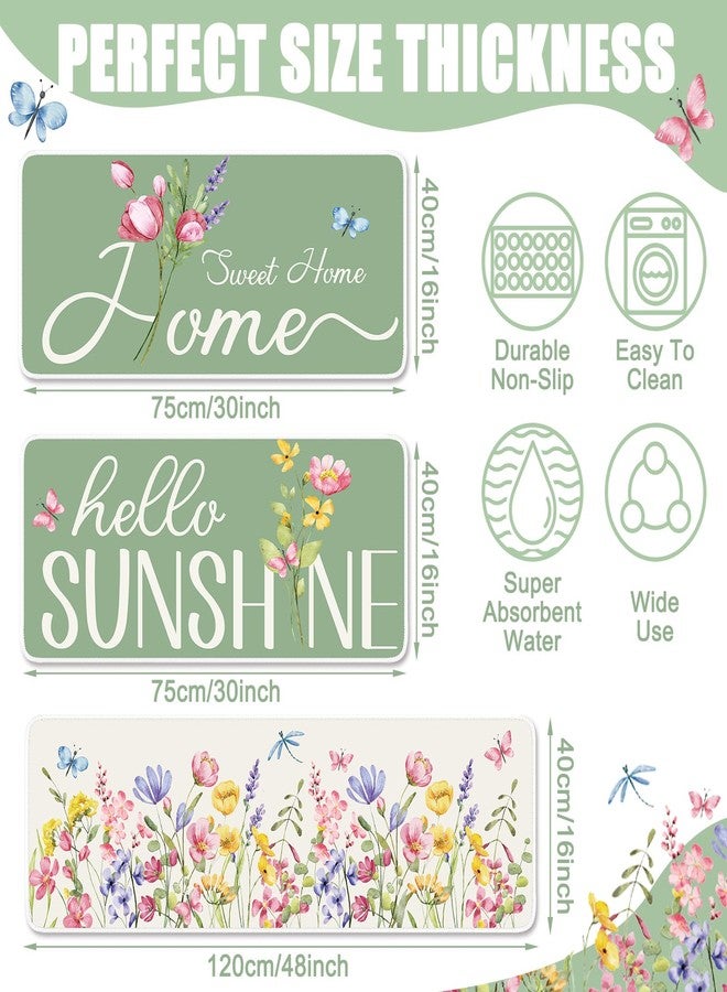 Dunzy 3 Pcs Spring Floral Kitchen Rugs and Mats Set Green Flower Kitchen Floor Mats Seasonal Decor Garden Butterfly Sweet Home Hello Sunshine Anti Slip Bathroom Rug for Spring Summer Indoor Decoration - Image 2