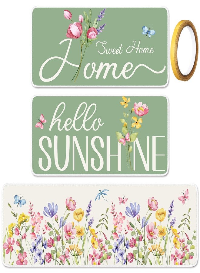 Dunzy 3 Pcs Spring Floral Kitchen Rugs and Mats Set Green Flower Kitchen Floor Mats Seasonal Decor Garden Butterfly Sweet Home Hello Sunshine Anti Slip Bathroom Rug for Spring Summer Indoor Decoration - Image 1