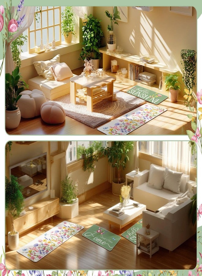 Dunzy 3 Pcs Spring Floral Kitchen Rugs and Mats Set Green Flower Kitchen Floor Mats Seasonal Decor Garden Butterfly Sweet Home Hello Sunshine Anti Slip Bathroom Rug for Spring Summer Indoor Decoration - Image 5
