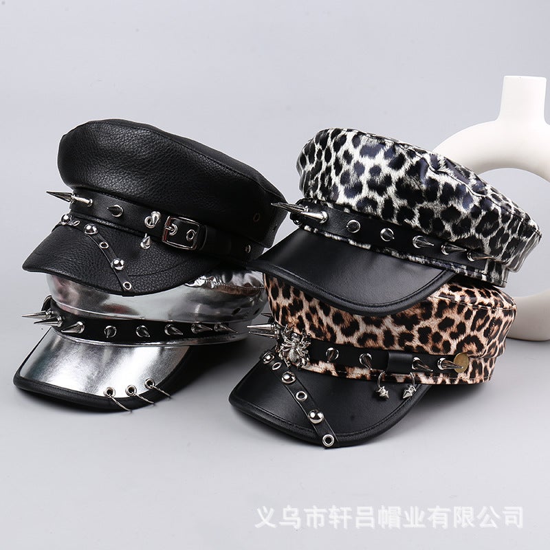 Kujo Jotaro Cos Punk Style Flat Cap For Men And Women Personalized Leather Long Rivets Leopard Print Silver Peaked Cap - Image 3
