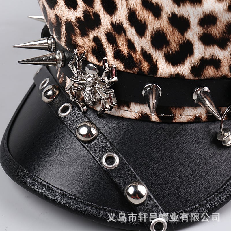 Kujo Jotaro Cos Punk Style Flat Cap For Men And Women Personalized Leather Long Rivets Leopard Print Silver Peaked Cap - Image 4