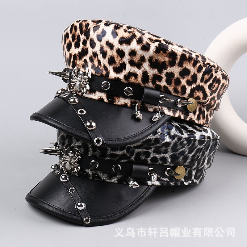 Kujo Jotaro Cos Punk Style Flat Cap For Men And Women Personalized Leather Long Rivets Leopard Print Silver Peaked Cap - Image 2