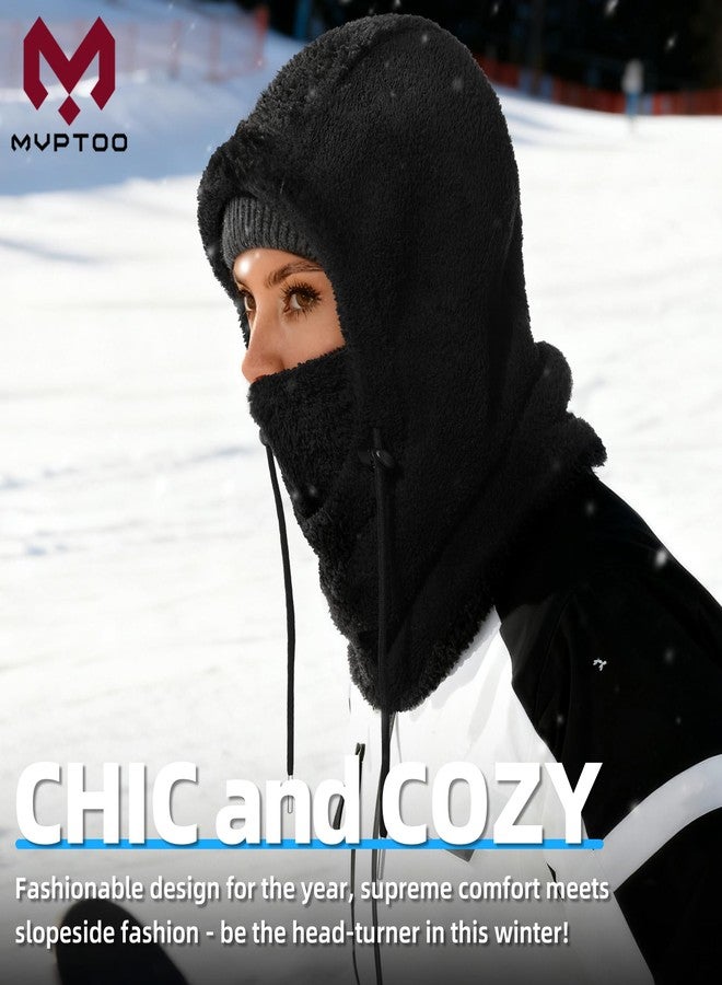 MVPTOO Balaclava Fleece Ski Mask for Men Women Winter Face Masks Windproof Hooded Scarf Cold Weather Hat Neck Warmer(Black), Black + Black, One size - Image 2