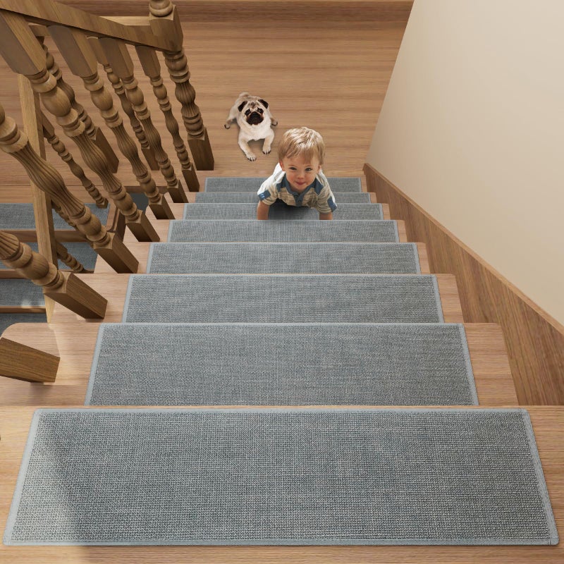 SUMLANS Stair Treads Carpet 4 pcs for Wooden Steps with Non Slip Rubber Backing 100 Polyester Soft Stairs Resistant Indoor Skid Runner Safety Rugs for Kids Elders and Pets 30 8 GrayDense Knitting - Image 2