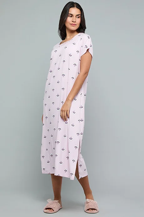 أر أند بي Floral Print Nightdress with V-Neck and Short Sleeves