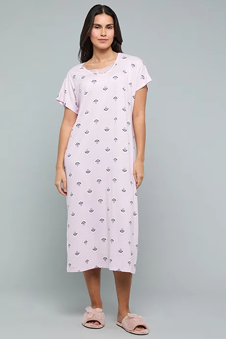 أر أند بي Floral Print Nightdress with V-Neck and Short Sleeves