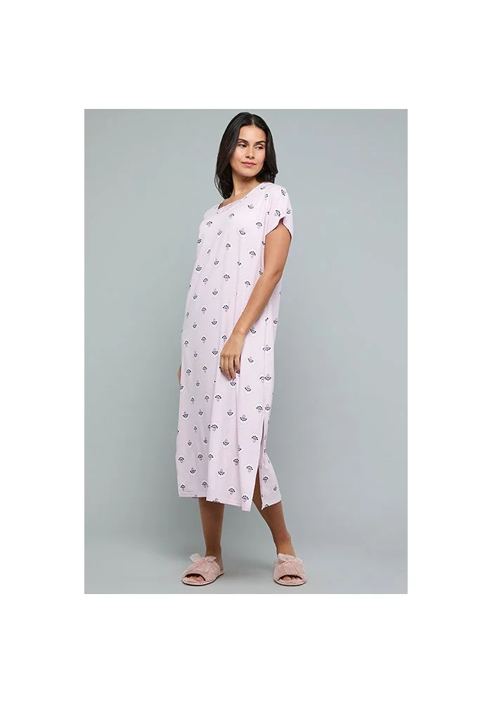 أر أند بي Floral Print Nightdress with V-Neck and Short Sleeves