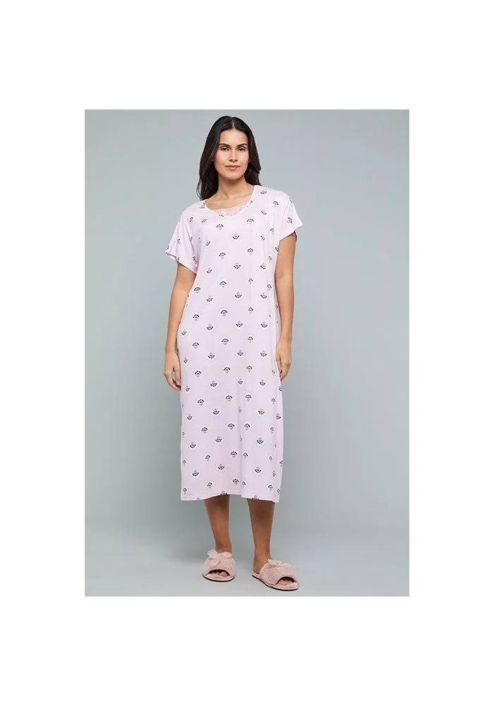 أر أند بي Floral Print Nightdress with V-Neck and Short Sleeves