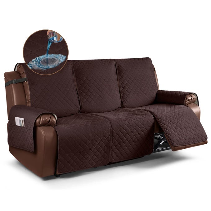 WATERPROOF RECLINER SOFA COVER NONSLIP RECLINING COUCH COVERS FOR 3 SEAT RECLINER COUCH COVER FURNITURE PROTECTOR WITH ELASTIC STRAPS FOR PETS KIDS COFFEE