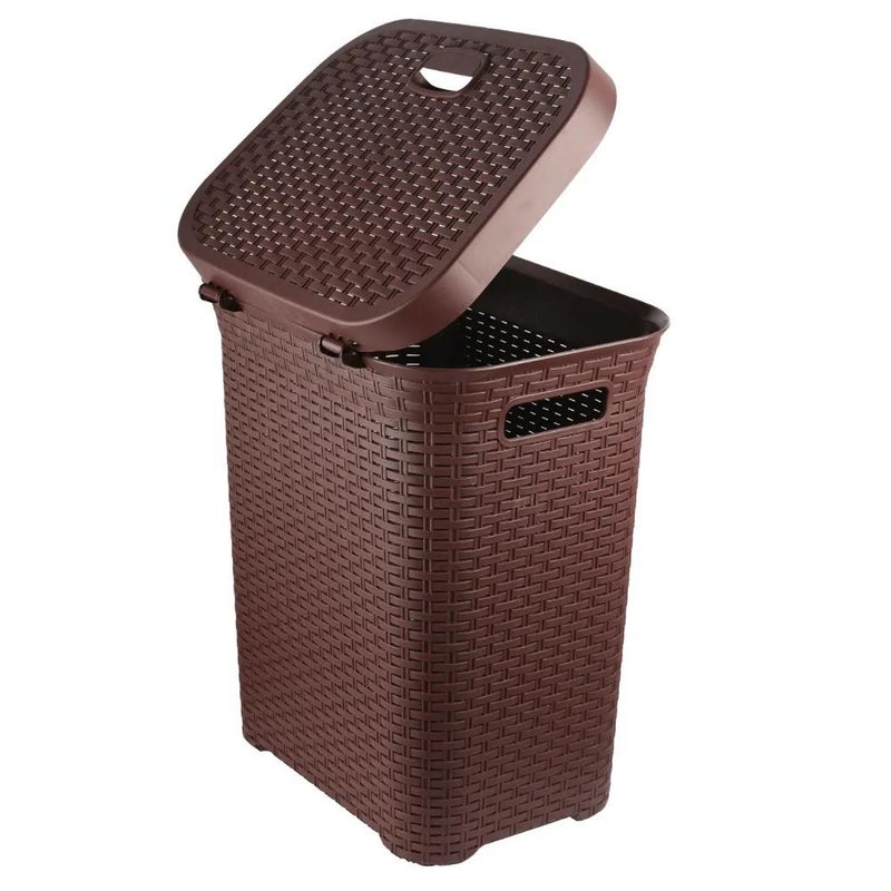Eco Friendly Plastic Woven Rattan Style Texture Laundry Basket With Lid- Brown