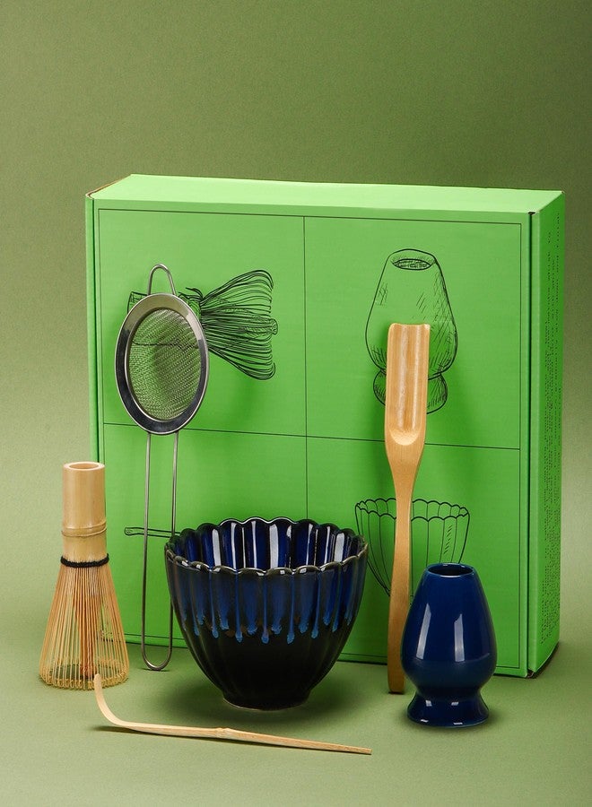 DiDiBirDi Matcha Tea Set 6 Pcs, Japanese Traditional Bowl, Bamboo Whisk (Chasen), Scoop (Chashaku), Stainless Steel Sifter, Holder (blue) - Image 1